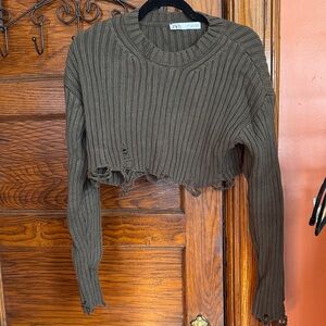 Zara Distressed Ribbed Cropped Sweater - Olive